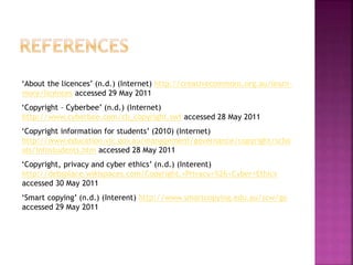 ‘About the licences’ (n.d.) (Internet) http://creativecommons.org.au/learn-more/ 
licences accessed 29 May 2011 
‘Copyright – Cyberbee’ (n.d.) (Internet) 
http://www.cyberbee.com/cb_copyright.swf accessed 28 May 2011 
‘Copyright information for students’ (2010) (Internet) 
http://www.education.vic.gov.au/management/governance/copyright/scho 
ols/infostudents.htm accessed 28 May 2011 
‘Copyright, privacy and cyber ethics’ (n.d.) (Interent) 
http://debsplace.wikispaces.com/Copyright,+Privacy+%26+Cyber+Ethics 
accessed 30 May 2011 
‘Smart copying’ (n.d.) (Interent) http://www.smartcopying.edu.au/scw/go 
accessed 29 May 2011 
