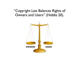 “Copyright Law Balances Rights of
 Owners and Users” (Hobbs 20).




       OWNERS       USERS
 
