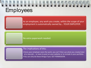 Employees
As an employee, any work you create, within the scope of your
employment is automatically owned by… YOUR EMPLOYER.
No extra paperwork needed.
The implications of this:
•Since your employer owns the work, you can’t then use what you created later
at a new job … or even to post on your website or to include in your portfolio.
•You can only do these things if you: GET PERMISSION.
 