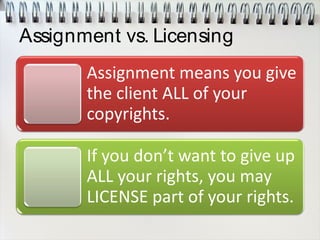 Assignment vs. Licensing
Assignment means you give
the client ALL of your
copyrights.
If you don’t want to give up
ALL your rights, you may
LICENSE part of your rights.
 