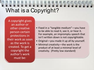 What isa Copyright?
• Fixed in a “tangible medium”—you have
to be able to read it, see it, or hear it.
For example, an impromptu speech that
isn’t written down is not copyrightable.
• Original—you made it up all by yourself.
• Minimal creativity—the work is the
product of at least a minimal level of
creativity. (Pretty low standard)
A copyright gives
an author or
other creative
person certain
protections in
their work as soon
as the work is
created. To get a
copyright the
author’s work
must be:
 