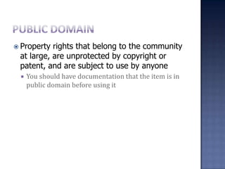 Example:  copying software, sharing MP3 files, photocopying, uploading materials to websites, etc.What options do we have in multimedia?Fair Use Guidelines for Educational MultimediaPublic DomainRoyalty Free Products