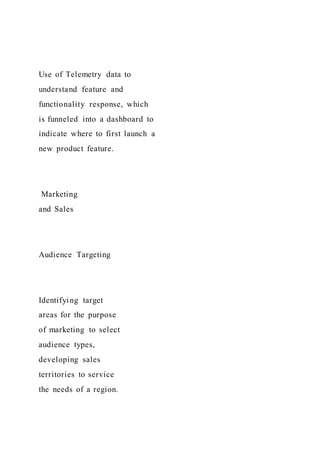 Use of Telemetry data to
understand feature and
functionality response, which
is funneled into a dashboard to
indicate where to first launch a
new product feature.
Marketing
and Sales
Audience Targeting
Identifying target
areas for the purpose
of marketing to select
audience types,
developing sales
territories to service
the needs of a region.
 