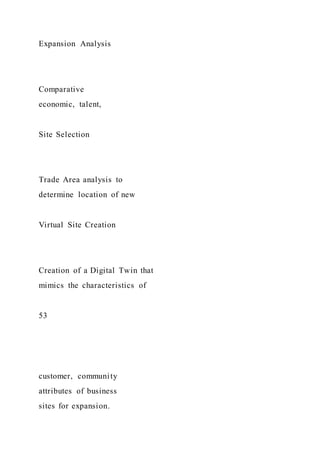 Expansion Analysis
Comparative
economic, talent,
Site Selection
Trade Area analysis to
determine location of new
Virtual Site Creation
Creation of a Digital Twin that
mimics the characteristics of
53
customer, community
attributes of business
sites for expansion.
 