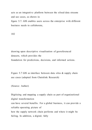acts as an integrative platform between the siloed data streams
and use cases, as shown in
figure 5.7. GIS enables users across the enterprise with different
business needs to collaborate,
102
drawing upon descriptive visualization of georeferenced
datasets, which provides the
foundation for predictions, decisions, and informed actions.
Figure 5.7 GIS as interface between data silos & supply chain
use cases (adapted from Chainlink Research)
(Source: Author)
Digitizing and mapping a supply chain as part of organizational
digital transformation
can have several benefits. For a global business, it can provide a
reliable operating picture of
how the supply network chain performs and where it might be
failing. In addition, a digital, fully
 