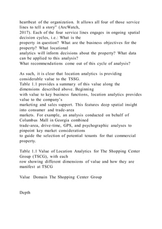 heartbeat of the organization. It allows all four of those service
lines to tell a story” (ArcWatch,
2017). Each of the four service lines engages in ongoing spatial
decision cycles, i.e.: What is the
property in question? What are the business objectives for the
property? What locational
analytics will inform decisions about the property? What data
can be applied to this analysis?
What recommendations come out of this cycle of analysis?
As such, it is clear that location analytics is providing
considerable value to the TSSG.
Table 1.1 provides a summary of this value along the
dimensions described above. Beginning
with value to key business functions, location analytics provides
value to the company’s
marketing and sales support. This features deep spatial insight
into consumer and trade-area
markets. For example, an analysis conducted on behalf of
Columbus Mall in Georgia combined
trade-area, drive-time, GPS, and psychographic analyses to
pinpoint key market considerations
to guide the selection of potential tenants for that commercial
property.
Table 1.1 Value of Location Analytics for The Shopping Center
Group (TSCG), with each
row showing different dimensions of value and how they are
manifest at TSCG
Value Domain The Shopping Center Group
Depth
 
