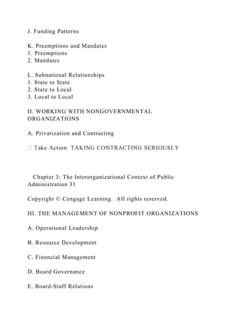 J. Funding Patterns
K. Preemptions and Mandates
1. Preemptions
2. Mandates
L. Subnational Relationships
1. State to State
2. State to Local
3. Local to Local
II. WORKING WITH NONGOVERNMENTAL
ORGANIZATIONS
A. Privatization and Contracting
Chapter 3: The Interorganizational Context of Public
Administration 31
Copyright © Cengage Learning. All rights reserved.
III. THE MANAGEMENT OF NONPROFIT ORGANIZATIONS
A. Operational Leadership
B. Resource Development
C. Financial Management
D. Board Governance
E. Board-Staff Relations
 