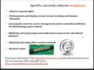 3. Is the work available freely on the open Web, and therefor covered by an implied license?Specific, narrowly tailored exemptionsLibrary's special rights