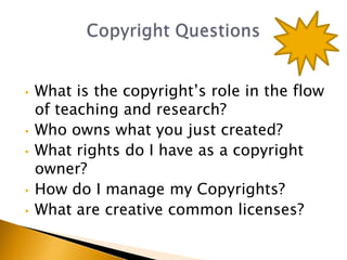 Copyright QuestionsWhat is the copyright’s role in the flow of teaching and research?