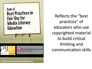 Reflects the “best practices” of educators who use copyrighted material to build critical thinking and communication skills 