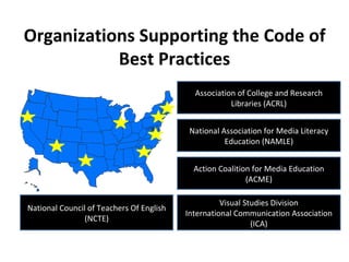 Organizations Supporting the Code of Best Practices Action Coalition for Media Education (ACME) National Association for Media Literacy Education (NAMLE) National Council of Teachers Of English (NCTE) Visual Studies Division International Communication Association (ICA) Association of College and Research Libraries (ACRL) 