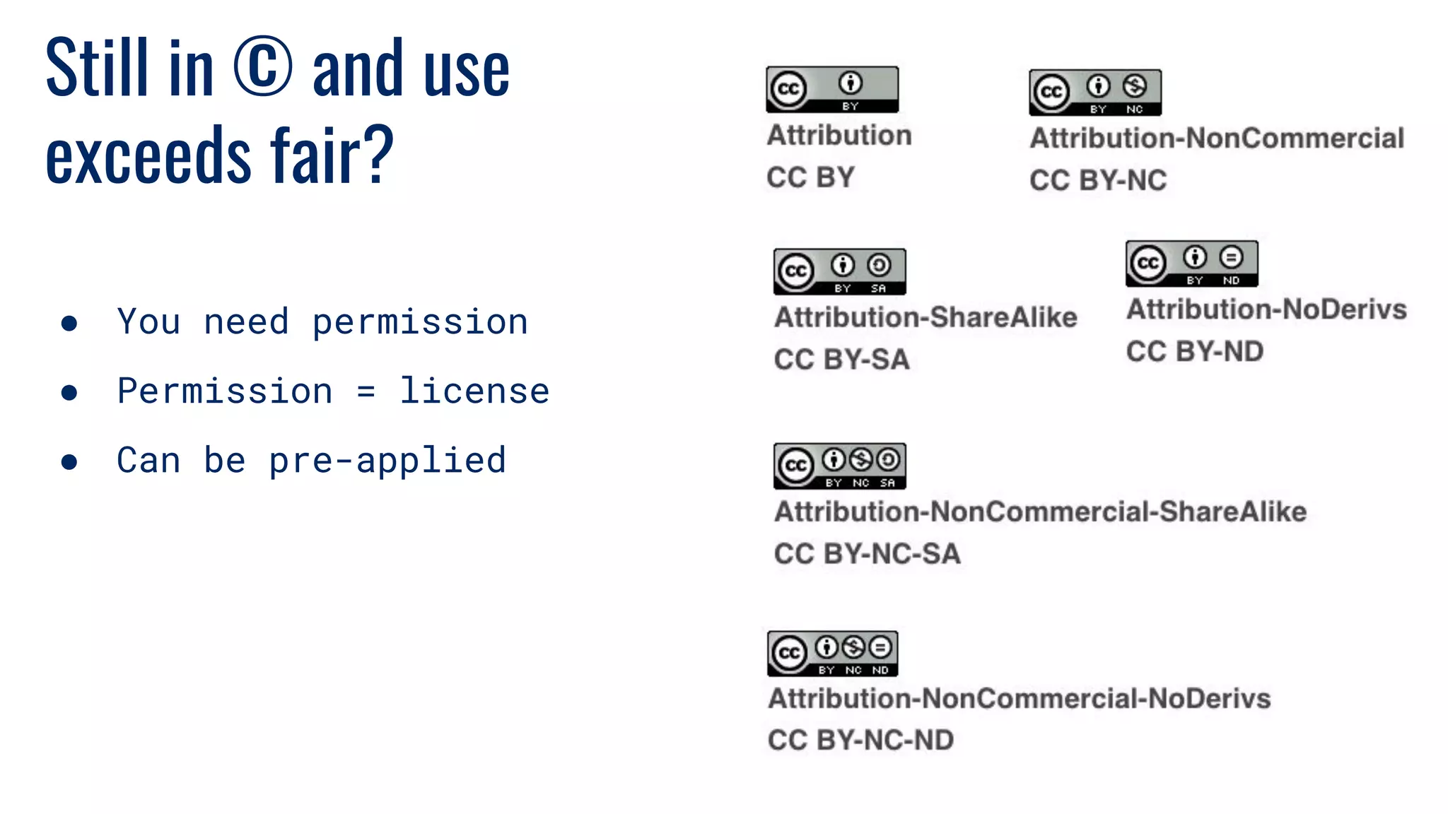 Still in © and use
exceeds fair?
● You need permission
● Permission = license
● Can be pre-applied
 