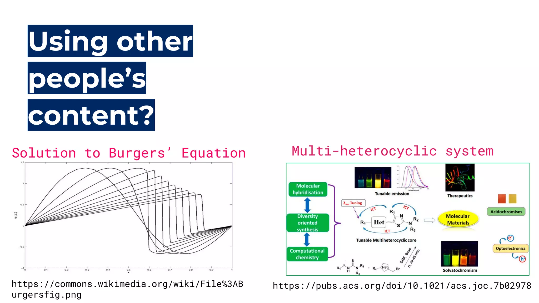 Using other
people’s
content?
Solution to Burgers’ Equation Multi-heterocyclic system
https://pubs.acs.org/doi/10.1021/acs.joc.7b02978https://commons.wikimedia.org/wiki/File%3AB
urgersfig.png
 