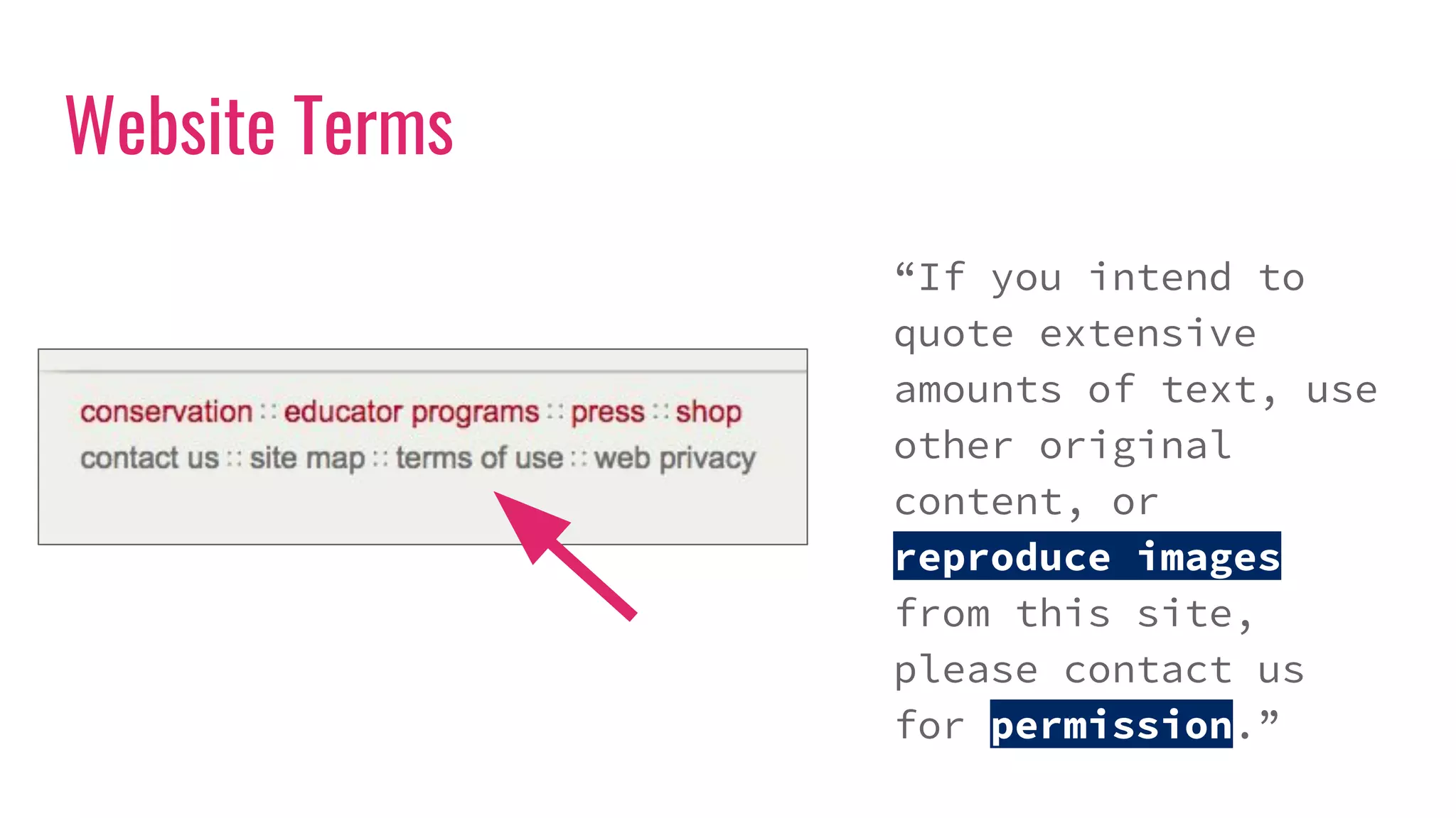 Website Terms
“If you intend to
quote extensive
amounts of text, use
other original
content, or
reproduce images
from this site,
please contact us
for permission.”
 