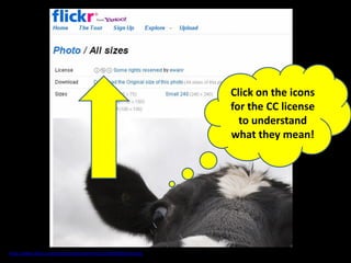 Click on the icons
                                                               for the CC license
                                                                 to understand
                                                               what they mean!




CC image from
http://www.flickr.com/photos/ewanrayment/1250049249/sizes/o/
 
