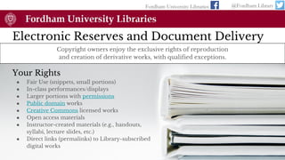 Electronic Reserves and Document Delivery
Fordham University Libraries @Fordham Library
● Fair Use (snippets, small portions)
● In-class performances/displays
● Larger portions with permissions
● Public domain works
● Creative Commons licensed works
● Open access materials
● Instructor-created materials (e.g., handouts,
syllabi, lecture slides, etc.)
● Direct links (permalinks) to Library-subscribed
digital works
Your Rights
Copyright owners enjoy the exclusive rights of reproduction
and creation of derivative works, with qualified exceptions.
 