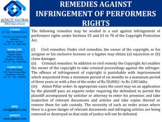 CHENNAI
3rd Floor, ‘Creative Enclave’,
148-150, Luz Church Road,
Mylapore,
Chennai - 600 004.
Tel: +91 - 44 - 2498 4821
BANGALORE
Suite 920, Level 9,
Raheja Towers,
26-27, M G Road,
Bangalore - 560 001.
Tel: +91 - 80 - 6546 2400
COIMBATORE
BB1, Park Avenue,
# 48, Race Course Road,
Coimbatore - 641018.
Tel: +91 - 422 – 6552921
EMAIL
info@altacit.com
WEBSITE
www.altacit.com
The following remedies may be availed in a suit against infringement of
performers rights under Sections 55 and 63 to 70 of the Copyright Protection
Act.
(i) Civil remedies: Under civil remedies, the owner of the copyright, or his
assignee or his exclusive licensee or a legatee may obtain (a) injunction or (b)
claim damages
(ii) Criminal remedies: In addition to civil remedy the Copyright Act enables
the owner of the copyright to take criminal proceedings against the infringer.
The offence of infringement of copyright is punishable with imprisonment
which mayextend from a minimum period of six months to a maximum period
of three years or with a fine of the order of Rs 50,000/- to Rs 2.00 lakhs.
(iii) Anton Pillar order: In appropriate cases the court may on an application
by the plaintiff pass an exparte order requiring the defendant to permit the
plaintiff accompanied by solicitor or attorney to enter his premises and take
inspection of relevant documents and articles and take copies thereof or
remove them for safe custody. The necessity of such an order arises where
there is a grave danger of relevant documents and infringing articles are being
removed or destroyed so that ends of justice will not be defeated.
REMEDIES AGAINST 
INFRINGEMENT OF PERFORMERS 
RIGHTS
 