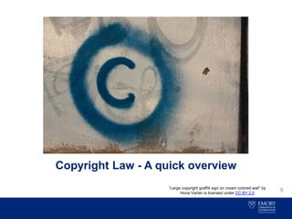 Copyright Law - A quick overview
5“Large copyright graffiti sign on cream colored wall” by
Horia Varlan is licensed under CC BY 2.0
 