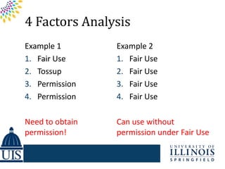 4 Factors Analysis
Example 1        Example 2
1. Fair Use      1. Fair Use
2. Tossup        2. Fair Use
3. Permission    3. Fair Use
4. Permission    4. Fair Use

Need to obtain   Can use without
permission!      permission under Fair Use
 