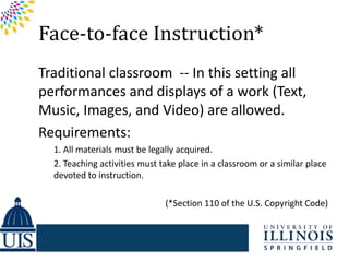 Face-to-face Instruction*
Traditional classroom -- In this setting all
performances and displays of a work (Text,
Music, Images, and Video) are allowed.
Requirements:
  1. All materials must be legally acquired.
  2. Teaching activities must take place in a classroom or a similar place
  devoted to instruction.

                               (*Section 110 of the U.S. Copyright Code)
 