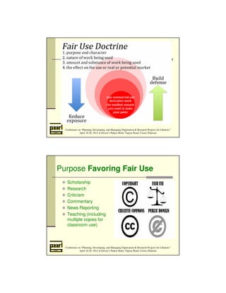 Conference on “Planning, Developing, and Managing Digitization  Research Projects for Libraries” 
April 18-20, 2012 at Daven’s Palace Hotel, Tapyas Road, Coron, Palawan 
Purpose Favoring Fair Use 
 Scholarship 
 Research 
 Criticism 
 Commentary 
 News Reporting 
 Teaching (including 
multiple copies for 
classroom use) 
Requiring Permission 
 Commercial use 
 Entertainment 
 Bad faith 
Conference on “Planning, Developing, and Managing Digitization  Research Projects for Libraries” 
April 18-20, 2012 at Daven’s Palace Hotel, Tapyas Road, Coron, Palawan 
 