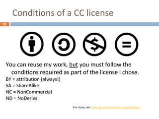 Conditions of a CC license
26
You can reuse my work, but you must follow the
conditions required as part of the license I chose.
BY = attribution (always!)
SA = ShareAlike
NC = NonCommercial
ND = NoDerivs
For more, see: http://creativecommons.org/licenses/
 