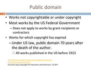 Public domain
4
• Works not copyrightable or under copyright
• Most works by the US Federal Government
– Does not apply to works by grant recipients or
contractors
• Works for which copyright has expired
–Under US law, public domain 70 years after
the death of the author.
All works published in the US before 1923
http://fairuse.stanford.edu/overview/public-domain/
http://knowyourcopyrights
Coursera.org: Copyright for Educators and Librarians CC-BY!!
 