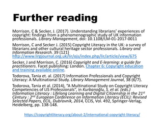 Further reading
Morrison, C & Secker, J. (2017). Understanding librarians’ experiences of
copyright: findings from a pheno...