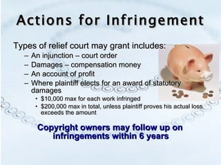 Actions for Infringement Types of relief court may grant includes: An injunction – court order Damages – compensation money An account of profit Where plaintiff elects for an award of statutory damages  $10,000 max for each work infringed $200,000 max in total, unless plaintiff proves his actual loss exceeds the amount Copyright owners may follow up on    infringements within 6 years 