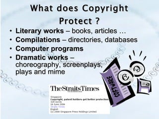What does Copyright Protect ? Literary works  – books, articles … Compilations  – directories, databases Computer programs   Dramatic works  –  choreography, screenplays,  plays and mime 