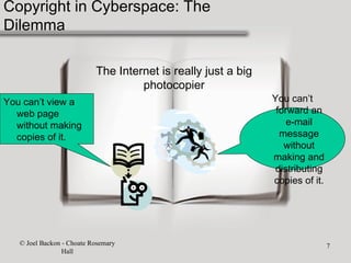 Copyright in Cyberspace: The Dilemma The Internet is really just a big photocopier © Joel Backon - Choate Rosemary Hall You can’t view a web page without making copies of it. You can’t forward an e-mail message without making and distributing copies of it. 
