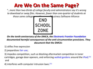 Are We On the Same Page? “…more than two-thirds of college faculty and administrators say it's wrong to download or swap files. However, fewer than one-quarter of students at those same colleges say it's wrong.”  Business Software Alliance  On the tenth anniversary of the DMCA, the  Electronic Frontier Foundation  documented harmful consequences of the anti-circumvention provisions. They document that the DMCA: 1) stifles free expression 2) jeopardizes  fair use ; 3) impedes competition, such as blocking aftermarket competition in toner cartridges, garage door openers, and enforcing  walled gardens  around the  iPod ; [24]  and 4) interferes with computer intrusion laws. [25] 