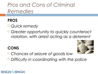 Pros and Cons of Criminal
Remedies
PROS
 Quick remedy
 Greater opportunity to quickly counteract
violation, with arrest acting as a deterrent
CONS
 Chances of seizure of goods low
 Difficulty in coordinating with the police
 