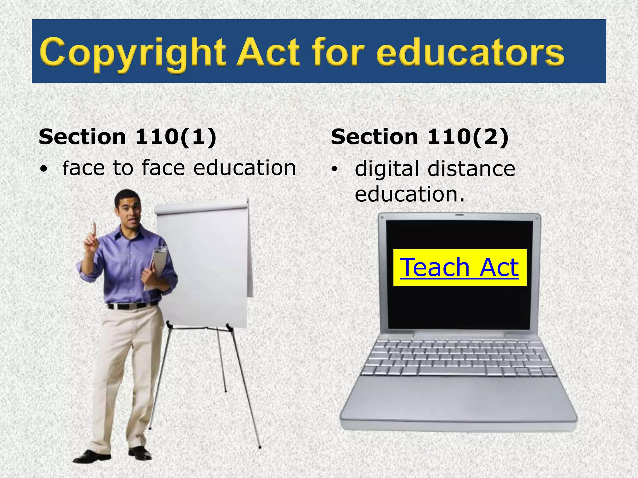 Copyright Act for educatorsSection 110(1)face to face educationSection 110(2)digital distance education.Teach Act 