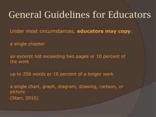 General Guidelines for Educators
Under most circumstances, educators may copy:
a single chapter
an excerpt not exceeding two pages or 10 percent of
the work
up to 250 words or 10 percent of a longer work
a single chart, graph, diagram, drawing, cartoon, or
picture
(Starr, 2010)
 