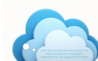 Over the summer we were given the
task to request for copyright
clearance to use songs by UK artists
 