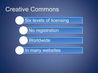 Creative Commons
     Six levels of licensing

       No registration

       Worldwide

     In many websites
 