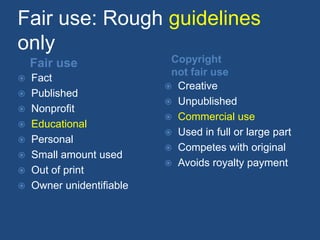 Fair use: Rough guidelines
only
    Fair use              Copyright
                          not fair use
 Fact
        ...