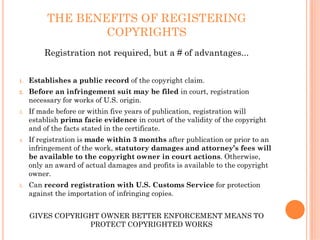 THE BENEFITS OF REGISTERING
                  COPYRIGHTS
         Registration not required, but a # of advantages...


1.   Establishes a public record of the copyright claim.
2.   Before an infringement suit may be filed in court, registration
     necessary for works of U.S. origin.
3.   If made before or within five years of publication, registration will
     establish prima facie evidence in court of the validity of the copyright
     and of the facts stated in the certificate.
4.   If registration is made within 3 months after publication or prior to an
     infringement of the work, statutory damages and attorney’s fees will
     be available to the copyright owner in court actions. Otherwise,
     only an award of actual damages and profits is available to the copyright
     owner.
5.   Can record registration with U.S. Customs Service for protection
     against the importation of infringing copies.


     GIVES COPYRIGHT OWNER BETTER ENFORCEMENT MEANS TO
                  PROTECT COPYRIGHTED WORKS
 