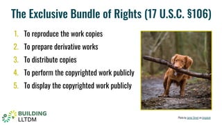 The Exclusive Bundle of Rights (17 U.S.C. §106)
1. To reproduce the work copies
2. To prepare derivative works
3. To distribute copies
4. To perform the copyrighted work publicly
5. To display the copyrighted work publicly
Photo by Jamie Street on Unsplash
 