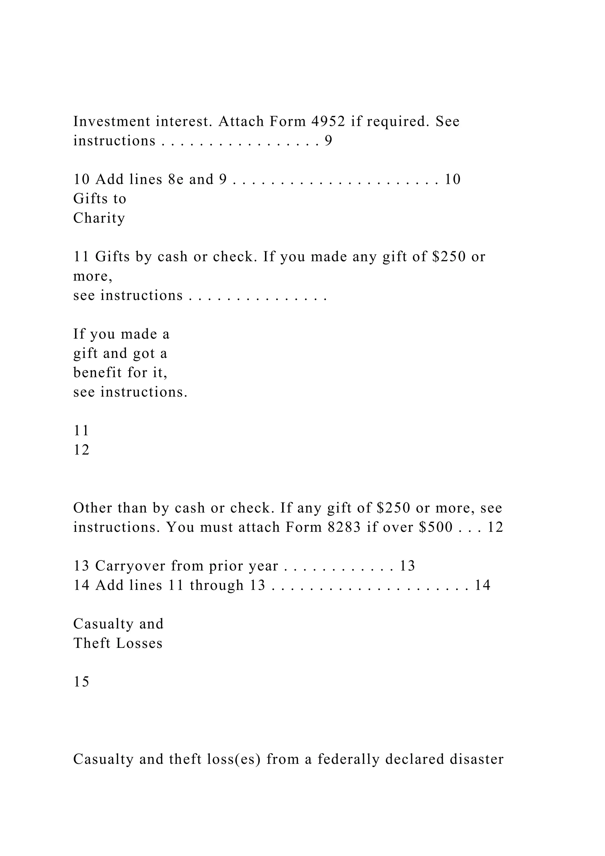 Investment interest. Attach Form 4952 if required. See
instructions . . . . . . . . . . . . . . . . . 9
10 Add lines 8e and 9 . . . . . . . . . . . . . . . . . . . . . . 10
Gifts to
Charity
11 Gifts by cash or check. If you made any gift of $250 or
more,
see instructions . . . . . . . . . . . . . . .
If you made a
gift and got a
benefit for it,
see instructions.
11
12
Other than by cash or check. If any gift of $250 or more, see
instructions. You must attach Form 8283 if over $500 . . . 12
13 Carryover from prior year . . . . . . . . . . . . 13
14 Add lines 11 through 13 . . . . . . . . . . . . . . . . . . . . . 14
Casualty and
Theft Losses
15
Casualty and theft loss(es) from a federally declared disaster
 