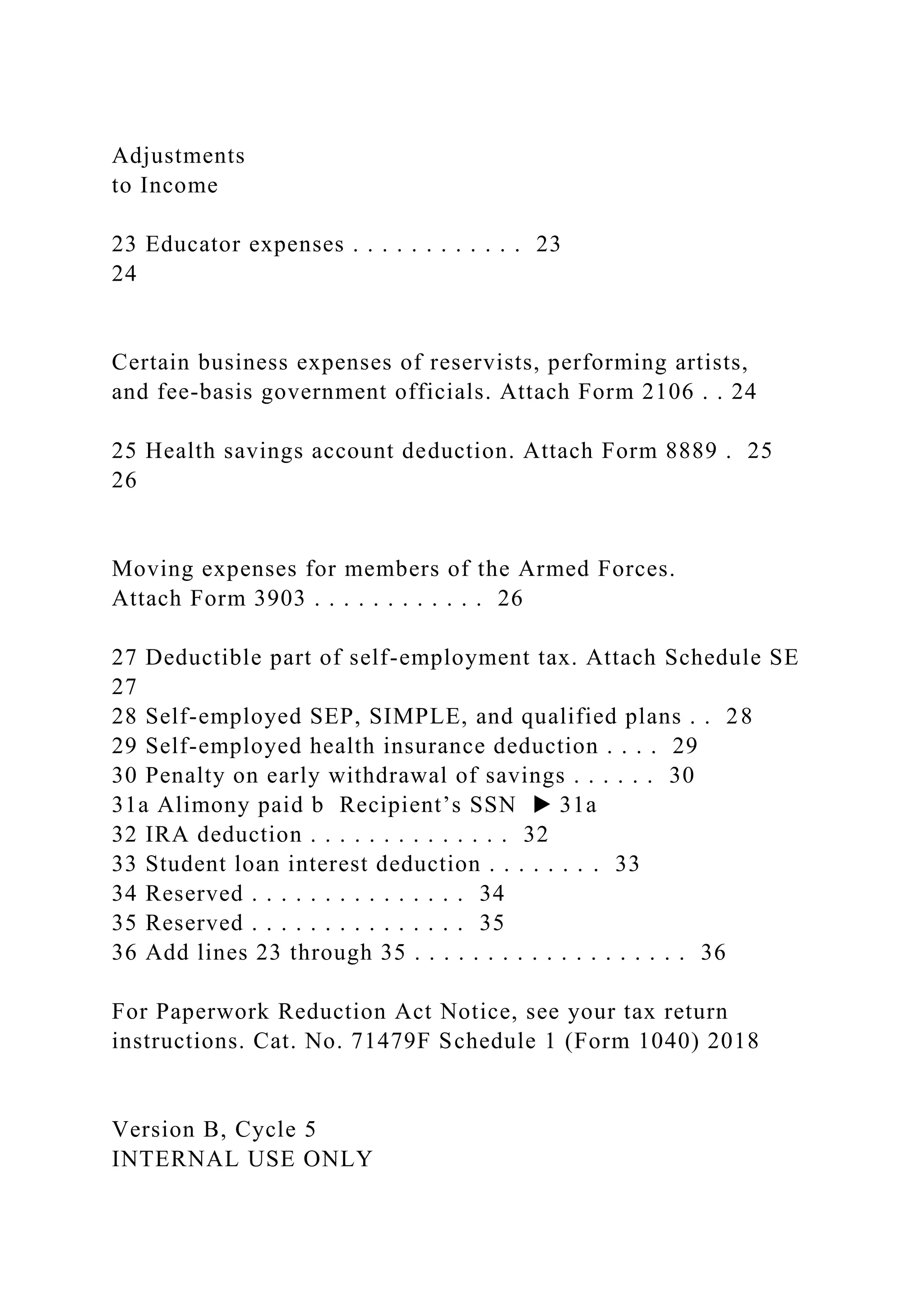 Adjustments
to Income
23 Educator expenses . . . . . . . . . . . . 23
24
Certain business expenses of reservists, performing artists,
and fee-basis government officials. Attach Form 2106 . . 24
25 Health savings account deduction. Attach Form 8889 . 25
26
Moving expenses for members of the Armed Forces.
Attach Form 3903 . . . . . . . . . . . . 26
27 Deductible part of self-employment tax. Attach Schedule SE
27
28 Self-employed SEP, SIMPLE, and qualified plans . . 28
29 Self-employed health insurance deduction . . . . 29
30 Penalty on early withdrawal of savings . . . . . . 30
31a Alimony paid b Recipient’s SSN ▶ 31a
32 IRA deduction . . . . . . . . . . . . . . 32
33 Student loan interest deduction . . . . . . . . 33
34 Reserved . . . . . . . . . . . . . . . 34
35 Reserved . . . . . . . . . . . . . . . 35
36 Add lines 23 through 35 . . . . . . . . . . . . . . . . . . . 36
For Paperwork Reduction Act Notice, see your tax return
instructions. Cat. No. 71479F Schedule 1 (Form 1040) 2018
Version B, Cycle 5
INTERNAL USE ONLY
 