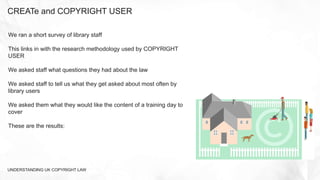 We ran a short survey of library staff
This links in with the research methodology used by COPYRIGHT
USER
We asked staff what questions they had about the law
We asked staff to tell us what they get asked about most often by
library users
We asked them what they would like the content of a training day to
cover
These are the results:
CREATe and COPYRIGHT USER
UNDERSTANDING UK COPYRIGHT LAW
 