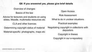 UNDERSTANDING UK COPYRIGHT LAW
Q8: If you answered yes, please give brief details
Open Access
Risk Assessment
What to do in unclear situations
Practical examples
Negotiating copyright in collections with
depositors
Copyright in theses
Copyright in our e-repository
Overview of changes
Basics of the law
Advice for lecturers and students on using
slides, Moodle, multimedia resources etc
CLA and other licences
Determining copyright status of material
Material-specific: photographs, maps etc
 