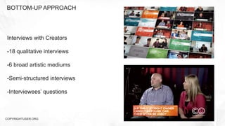 BOTTOM-UP APPROACH
COPYRIGHTUSER.ORG
Interviews with Creators
-18 qualitative interviews
-6 broad artistic mediums
-Semi-structured interviews
-Interviewees’ questions
 