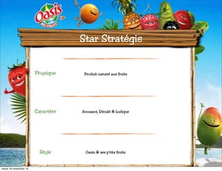 Star Stratégie 
Physique 
Caractère 
Style 
Produit naturel aux fruits 
Amusant, Décalé & Ludique 
Oasis & ses p’tits fruits 
mardi 18 novembre 14 

