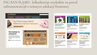 ING BAN ŚLĄSKI - kilkadziesiąt artykułów na portal
zafinansowani.pl o tematyce edukacji finanowej
 