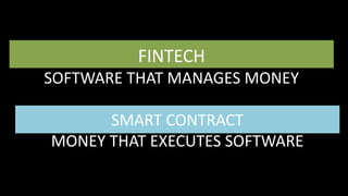 FINTECH
SOFTWARE THAT MANAGES MONEY
SMART CONTRACT
MONEY THAT EXECUTES SOFTWARE
 