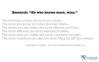The more you collect, the more you know…
The more you know, the better you can relate…
The better you can relate, the more effective you’ll be…
The more effective, the more sales you’ll make…
The more sales you make, the more customers you get…
The more customers you get, the more “fans for life” you create!
!
Jermaine Griggs – Founder, www.hearandplay.com
Research: “He who knows more, wins.”
 