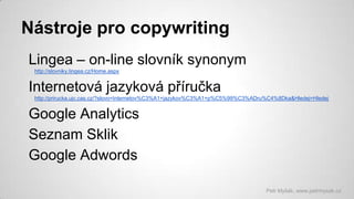 Nástroje pro copywriting
Lingea – on-line slovník synonym
http://slovniky.lingea.cz/Home.aspx

Internetová jazyková příručka
http://prirucka.ujc.cas.cz/?slovo=Internetov%C3%A1+jazykov%C3%A1+p%C5%99%C3%ADru%C4%8Dka&Hledej=Hledej

Google Analytics
Seznam Sklik
Google Adwords
Petr Myšák, www.petrmysak.cz

 